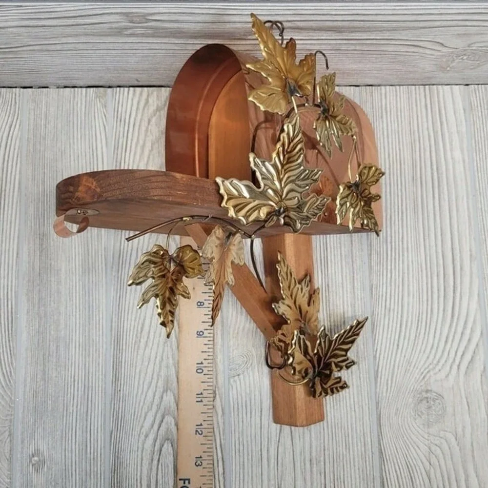 Mailbox Wall Sconce Shelf Copper Gold Autumn Maple Leaves Rustic Decor